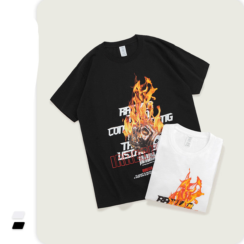 Flame Skull Print Men's Short Sleeve
