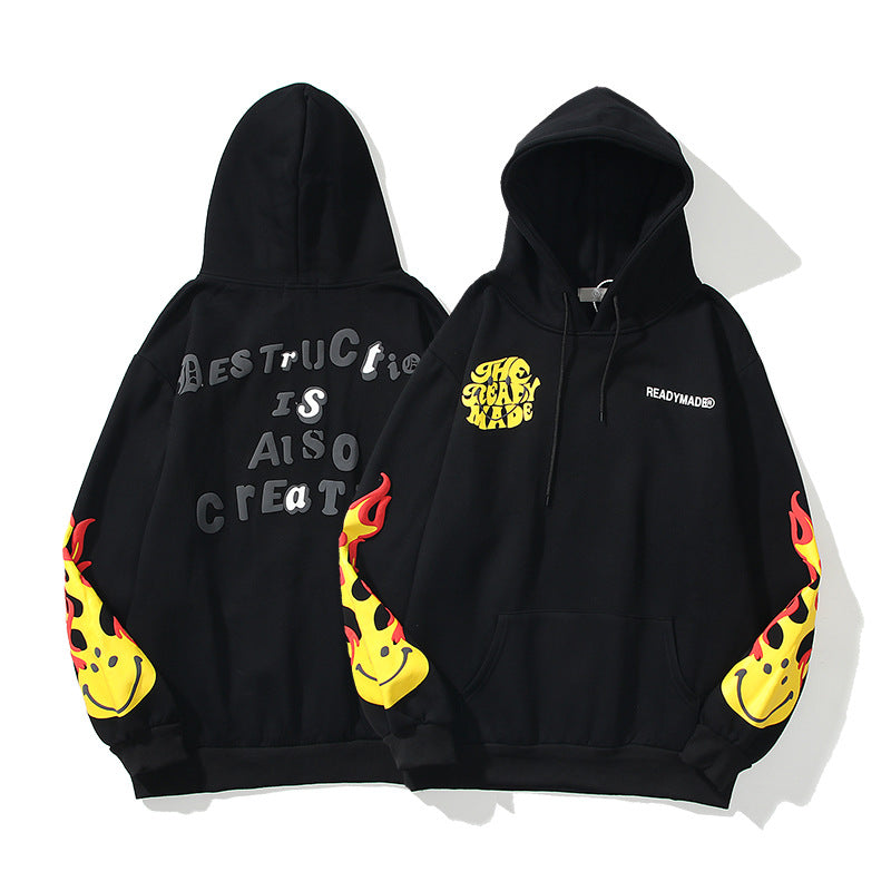 Foam smiley flame sleeve hooded sweatshirt