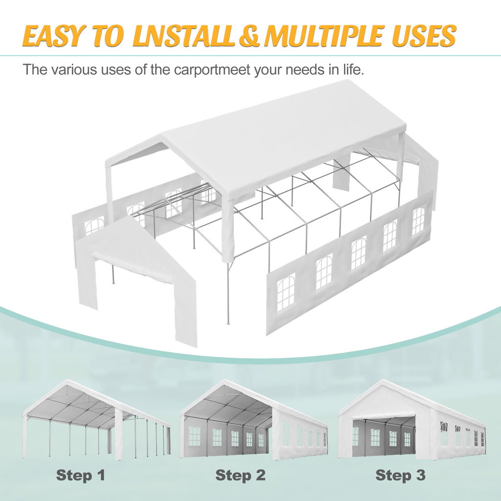 Carport Canopy 16x32 Heavy Duty, Portable Metal Carport Garage With Removable Waterproof Cover & Sidewalls, All Weather Outdoor Shelter For Cars, Trucks, Vehicles & Equipment