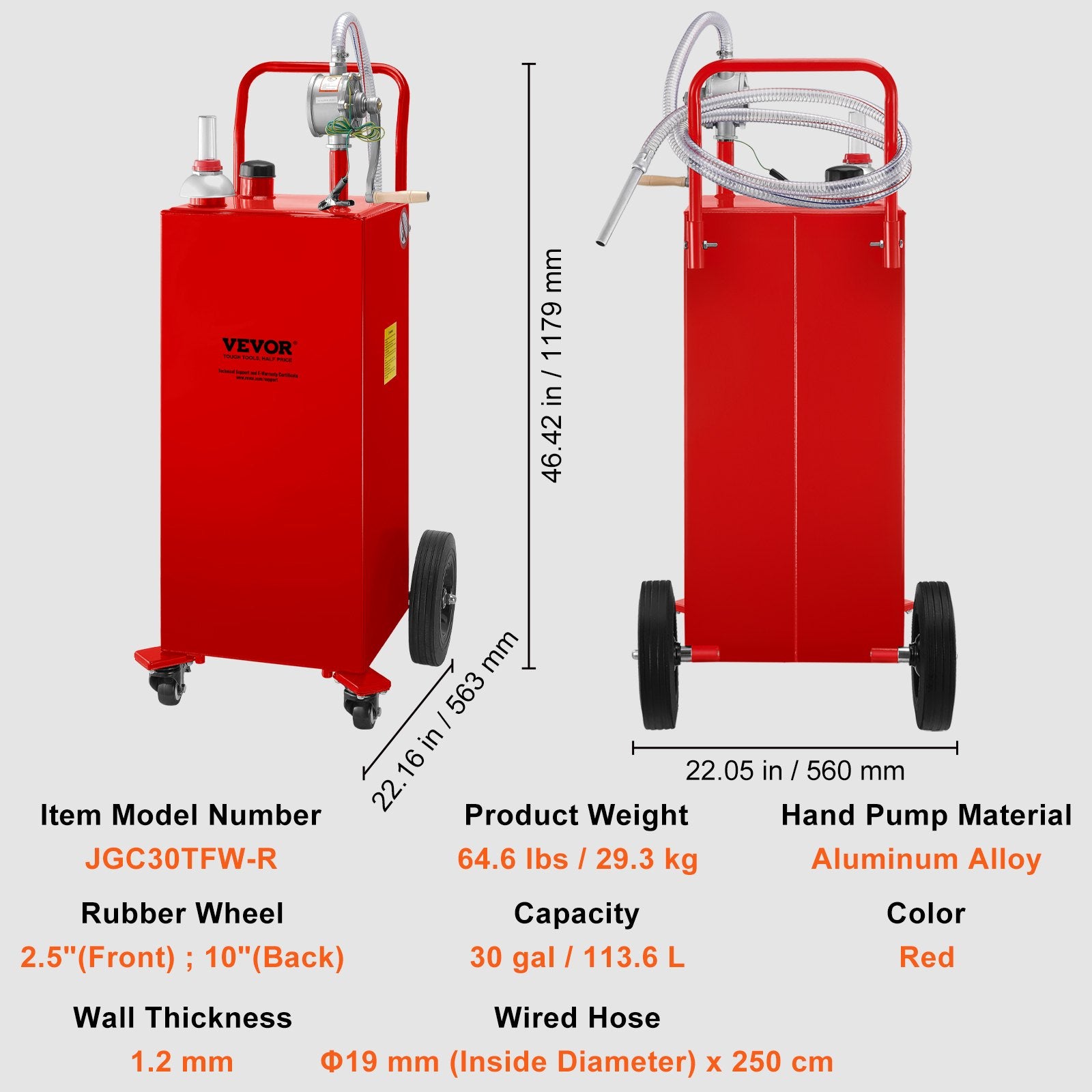 VEVOR 30 Gallon Fuel Caddy, Gas Storage Tank 4 Wheels, With Manuel TransferPump, Gasoline DieselFuel Container For Cars, Lawn Mowers, ATVs, Boats, More, Red