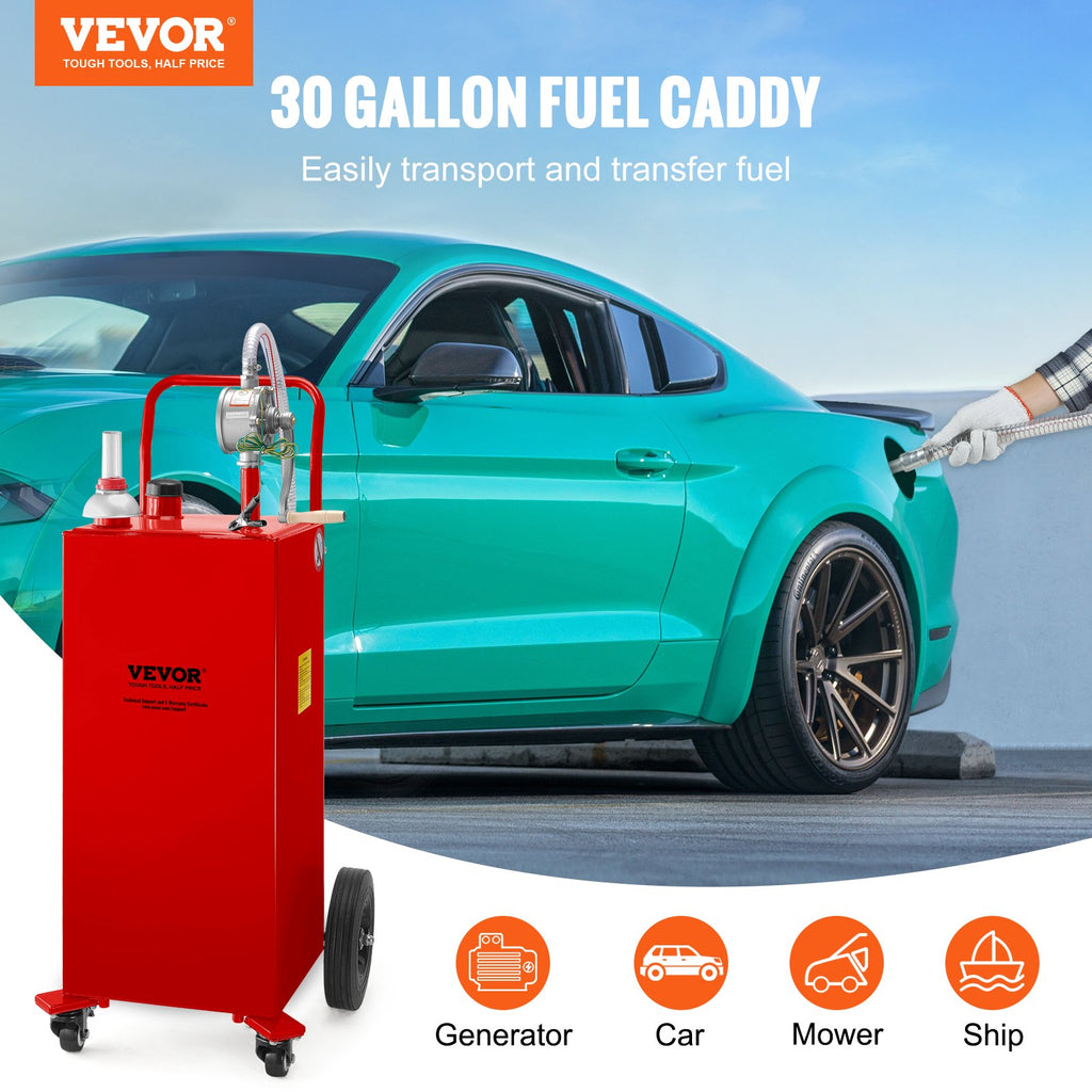 VEVOR 30 Gallon Fuel Caddy, Gas Storage Tank 4 Wheels, With Manuel TransferPump, Gasoline DieselFuel Container For Cars, Lawn Mowers, ATVs, Boats, More, Red