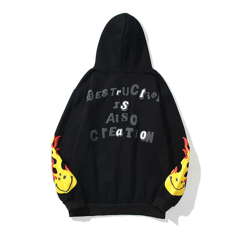 Foam smiley flame sleeve hooded sweatshirt