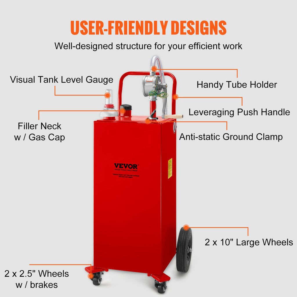 VEVOR 30 Gallon Fuel Caddy, Gas Storage Tank 4 Wheels, With Manuel TransferPump, Gasoline DieselFuel Container For Cars, Lawn Mowers, ATVs, Boats, More, Red