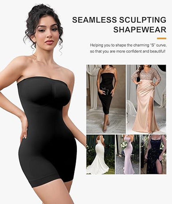 Off Shoulder Bandeau Shapewear Bodysuit For Women, Sexy Strapless Tummy Control Waist Slim Butt Lifting Seamless Body Sculpting Suit