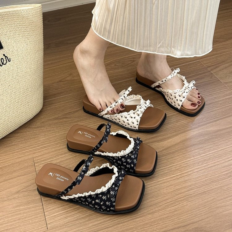Small Floral Platform Sandals, 2026 Summer Height Increase Bow One-Strap Beach Slippers For Wome