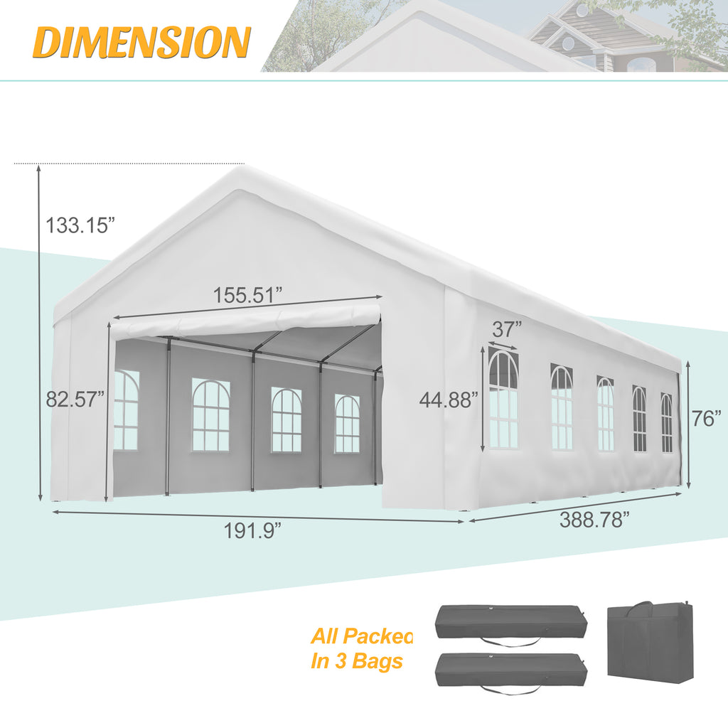 Carport Canopy 16x32 Heavy Duty, Portable Metal Carport Garage With Removable Waterproof Cover & Sidewalls, All Weather Outdoor Shelter For Cars, Trucks, Vehicles & Equipment